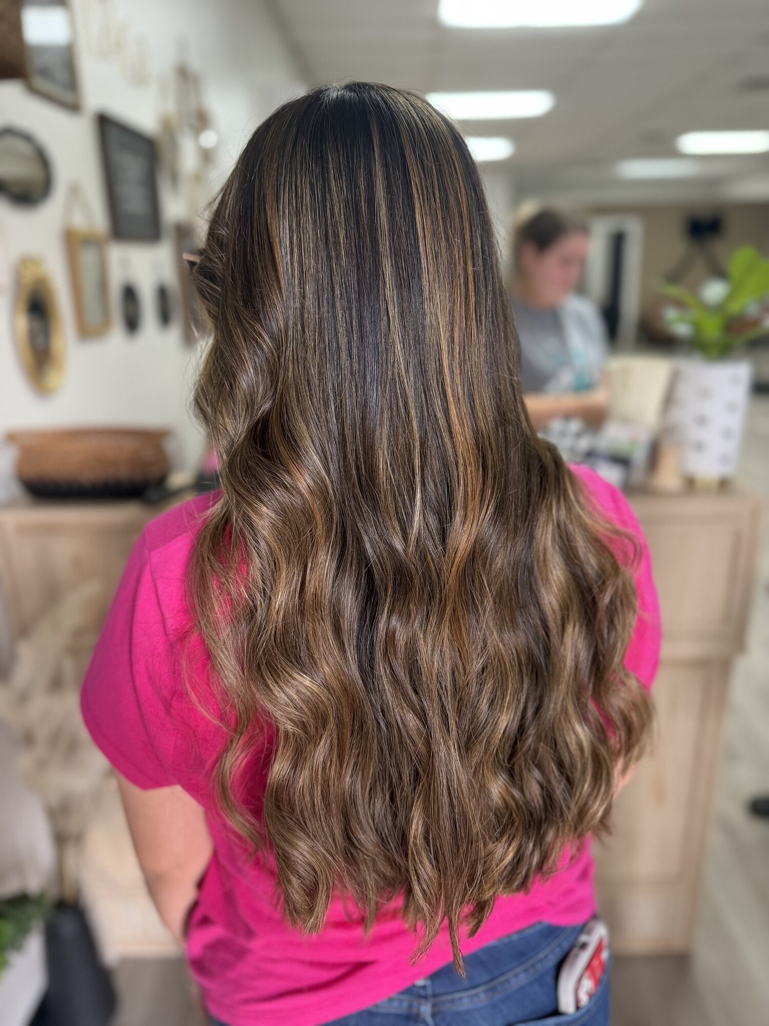 Long brunette hair with caramel highlights